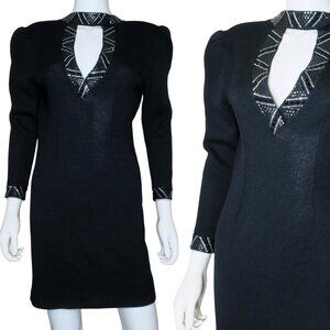 ST JOHN Evening Black Knit Dress Long Sleeves Sheath Rhinestone Trim Womens 4